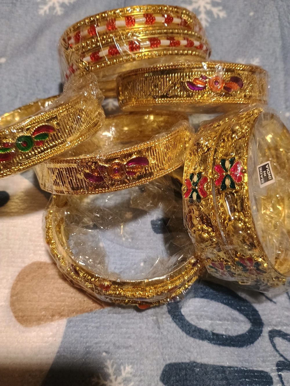 Gold-Tone Women's Decorative Bangles with Pink & Green Detail
